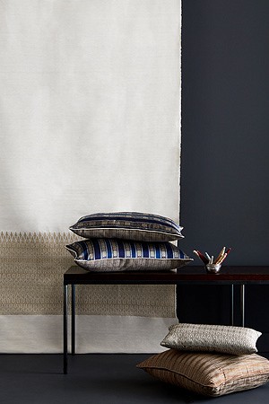 Linen drapery panel with leading edge design Xone Flower & silk cushions